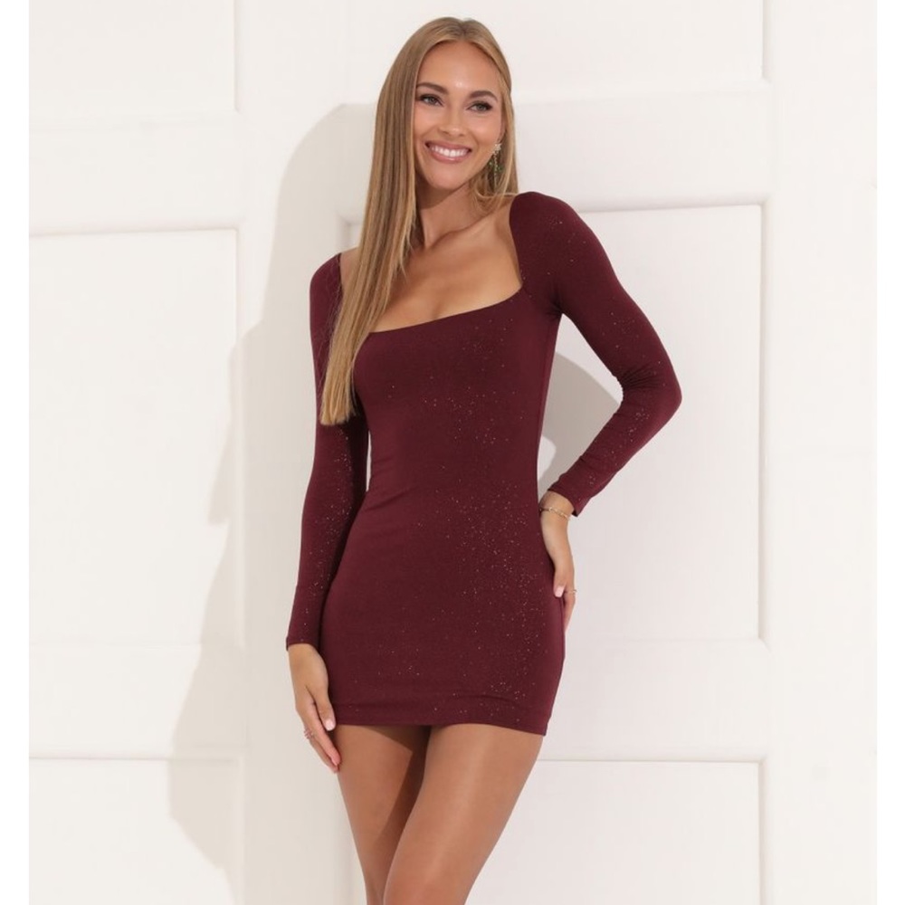 New Lucy In The Sky Giulia Sparkling Square Neck Mini Dress XS Burgundy